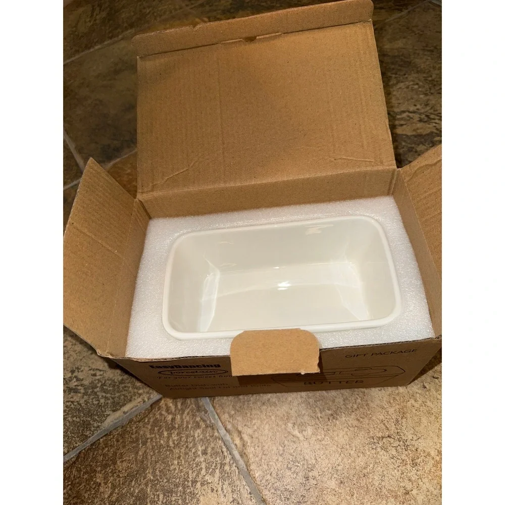 EasyDancing Porcelain Butter Dish with Bamboo Airtight Lid and Knife White